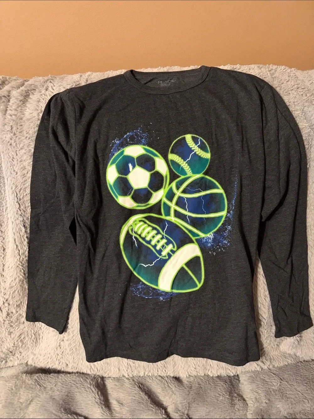 Boys' Charcoal Long-Sleeve Sports Graphic Tee - Neon Green Accents